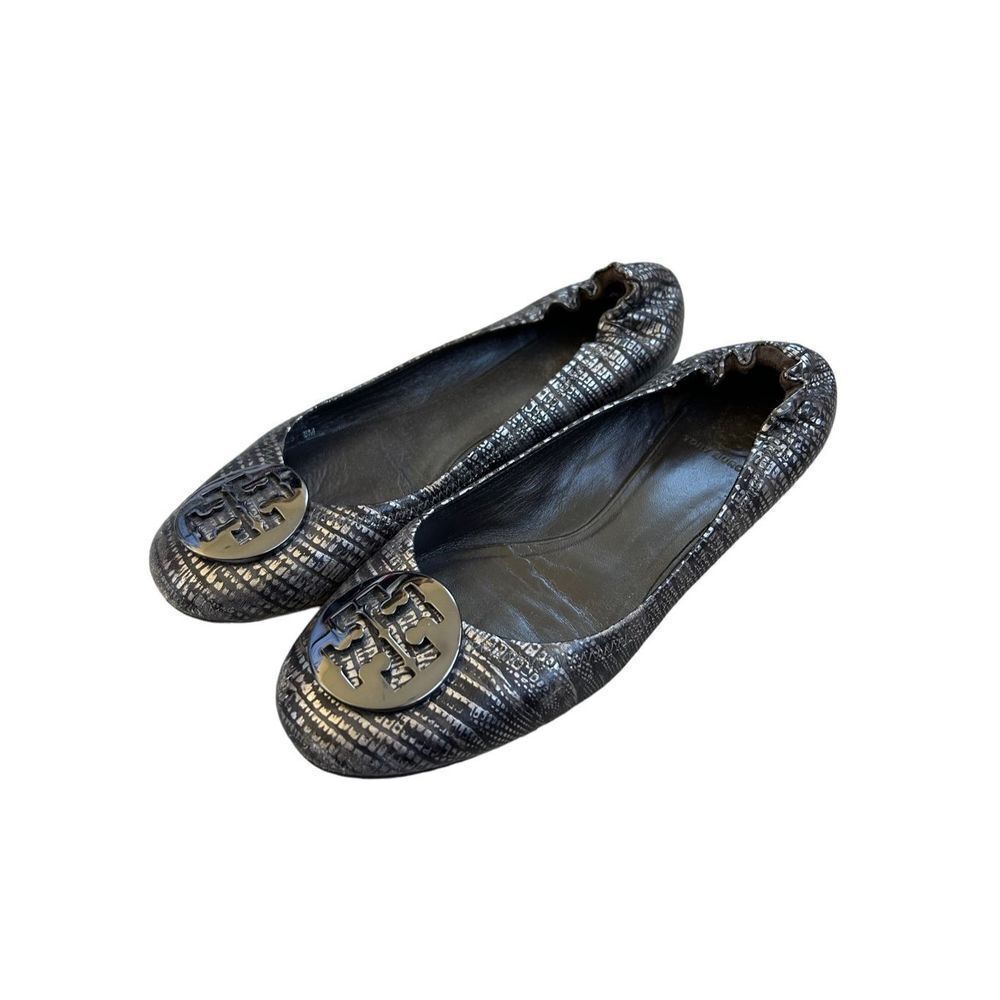 Tory Burch Slip-On Leather Lizard Print Reva Ballet Flats Womens Gray Size 8